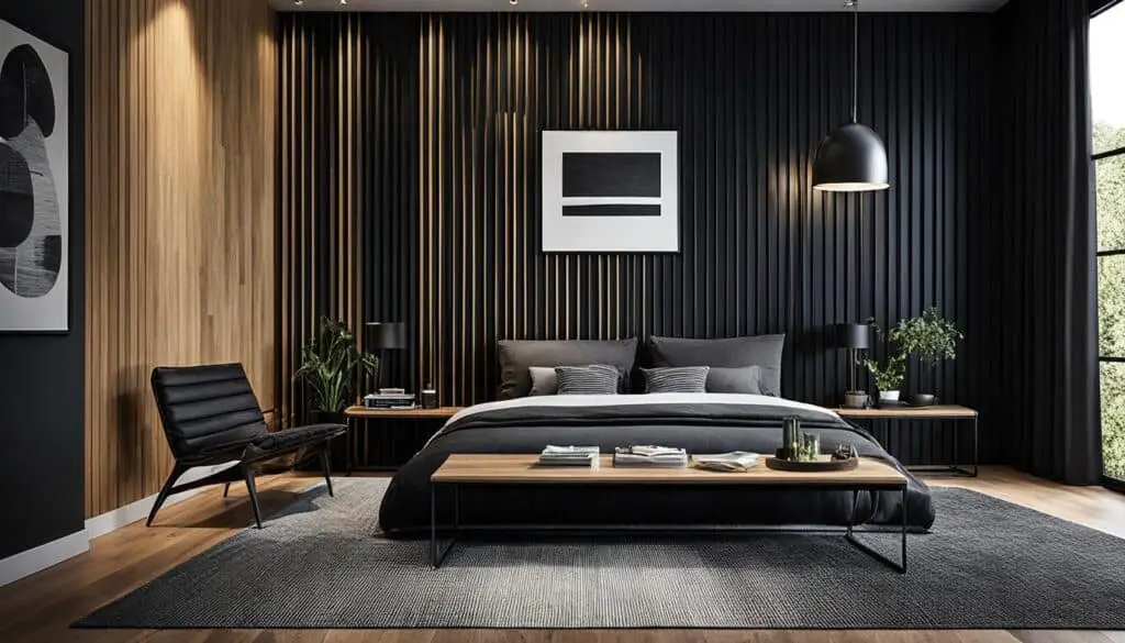 black accent walls with wood slats