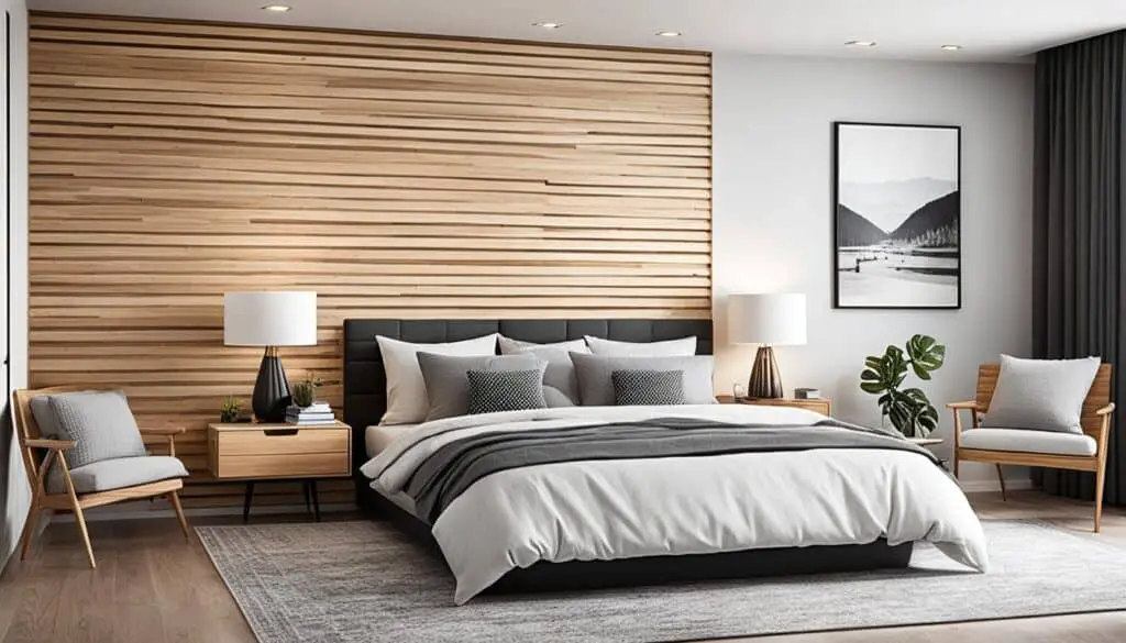 stylish bedroom with wood slat accent wall